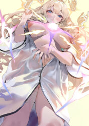 Rule 34 | 1girl, blonde hair, blue eyes, blush, breasts, breasts out, crown (naked king) (nikke), crown (nikke), disembodied hand, drill hair, goddess of victory: nikke, ikuchan kaoru, large breasts, long hair, looking at viewer, multiple hands, naked robe, navel, nipples, parted lips, robe, solo, thighs