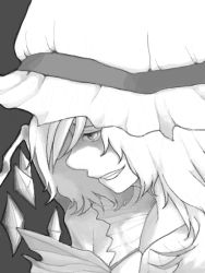 Rule 34 | 1girl, bad id, bad pixiv id, close-up, evil grin, evil smile, female focus, flandre scarlet, greyscale, grin, hat, monochrome, piinu, simple background, smile, solo, touhou, wings