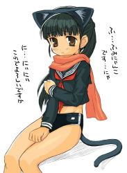 Rule 34 | #104, 1girl, animal ears, bad id, bad pixiv id, black hair, blunt bangs, brown eyes, buruma, cat ears, cat tail, mako-hime, midriff, neckerchief, open mouth, panties, real life, scarf, school uniform, sitting, solo, tail, translation request, underwear, white background