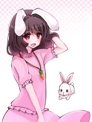 Rule 34 | 0pinky, 1girl, animal ears, blush, brown hair, carrot necklace, commentary, cowboy shot, flat chest, floppy ears, frilled shirt, frilled sleeves, frills, hair between eyes, hand in own hair, inaba tewi, jewelry, looking at viewer, medium hair, necklace, open mouth, pink shirt, pink skirt, rabbit, rabbit ears, rabbit girl, red eyes, shirt, skirt, smile, solo, touhou, white background