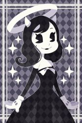 Rule 34 | 1girl, alice (bendy and the ink machine), bare shoulders, bendy and the ink machine, black hair, breasts, detached sleeves, dress, gloves, highres, horns, lipstick, makeup, smile
