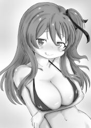 Rule 34 | 1girl, :q, absurdres, ao daidai ki, arm under breasts, assault lily, bare arms, bare shoulders, bikini, blush, breast hold, breasts, cleavage, closed mouth, collarbone, commentary request, gradient background, grey background, greyscale, hair between eyes, hair ribbon, halterneck, hand on own arm, highres, kuo shenlin, large breasts, long hair, looking at viewer, monochrome, navel, one side up, raised eyebrows, ribbon, sidelocks, smile, solo, standing, stomach, swimsuit, tongue, tongue out, upper body, white background