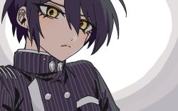 Rule 34 | 1boy, black hair, black jacket, breast pocket, buttons, closed mouth, commentary request, danganronpa (series), danganronpa v3: killing harmony, double-breasted, grey background, jacket, looking at viewer, niwatori panda, orange eyes, pocket, portrait, saihara shuichi, solo, striped clothes, striped jacket