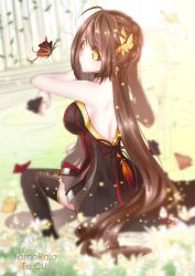 Rule 34 | 1girl, 2200659903 rika, ara haan, ara han, back, bad id, bad pixiv id, bare shoulders, blurry, blurry background, braid, bug, butterfly, elsword, floral background, insect, long hair, looking back, sitting, thighhighs, yama raja (elsword)