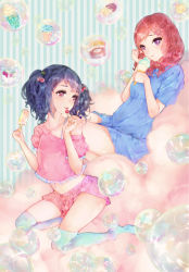 Rule 34 | 10s, 2girls, :p, alternate hairstyle, bad id, bad pixiv id, blue dress, blue hair, bubble, cherry, collarbone, dress, food, frilled shirt, frills, fruit, gelatin, hair ornament, ruffling hair, hairclip, highres, ice cream, ice cream cone, kneeling, love live!, love live! school idol project, midriff, multiple girls, navel, nishikino maki, off shoulder, pink shirt, popsicle, pudding, purple eyes, red hair, shiren (c mao), shirt, skirt, smile, striped, striped background, sweets, thighhighs, tongue, tongue out, twintails, vertical stripes, yazawa nico