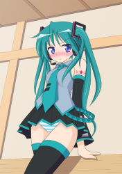 Rule 34 | 1girl, bare shoulders, between breasts, black thighhighs, blue eyes, blush, breasts, cosplay, crossed legs, detached sleeves, female focus, frown, green hair, hatsune miku, hatsune miku (cosplay), headphones, hiiragi kagami, long hair, lucky star, mel (artist), mel (melty pot), necktie, panties, pantyshot, pleated skirt, sitting, skirt, solo, standing, striped clothes, striped panties, thighhighs, tsurime, twintails, underwear, upskirt, vocaloid, zettai ryouiki