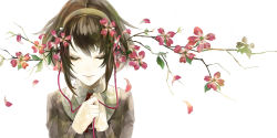 Rule 34 | 1girl, bob cut, branch, brown hair, cable, closed eyes, flower, headband, headphones, holding, kunimura hakushi, leaf, light smile, long sleeves, neck ribbon, original, petals, ribbon, short hair, simple background, solo, upper body, vocaloid, vy1, white background