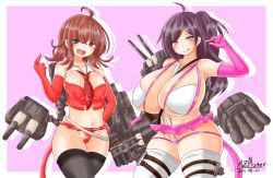Rule 34 | 10s, 1girl, ahoge, arashi (kancolle), ayazumi flutter, bare shoulders, black thighhighs, bra, breast envy, breasts, brown eyes, brown hair, cannon, curvy, elbow gloves, female focus, gigantic breasts, gloves, hagikaze (kancolle), kantai collection, long hair, looking at viewer, miniskirt, navel, open mouth, panties, pink eyes, pink gloves, red gloves, revealing clothes, simple background, skirt, smile, solo, standing, thick thighs, thighhighs, thighs, underwear, weapon, white panties, white thighhighs, wide hips