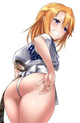 Rule 34 | 1girl, ass, blouse, blue eyes, brown hair, clothes writing, commentary request, cowboy shot, fundoshi, grin, hair between eyes, highres, idolmaster, idolmaster cinderella girls, japanese clothes, legs together, long hair, mizu happi, parted bangs, pelvic curtain, shirt, simple background, smile, solo, standing, tango (tn500), thighs, v-shaped eyebrows, white background, white shirt, yuuki haru