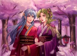 Rule 34 | 2girls, alternate costume, artist name, blue eyes, blue hair, cherry blossoms, commission, earrings, eirika (fire emblem), fire emblem, fire emblem: the sacred stones, flower, green eyes, green hair, hair flower, hair ornament, highres, holding another&#039;s arm, japanese clothes, jewelry, kimono, l&#039;arachel (fire emblem), long hair, long sleeves, multiple girls, nintendo, obi, purple kimono, red kimono, sash, schereas, smile, teeth, upper teeth only, wide sleeves