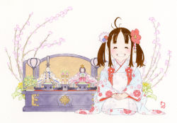 Rule 34 | 1girl, acrylic paint (medium), ahoge, blush, branch, brown hair, cherry blossoms, child, closed eyes, floral print, flower, grin, hair flower, hair ornament, japanese clothes, leaf, long hair, long sleeves, original, painting (medium), plant, seiza, simple background, sitting, smile, solo, tanaka kunihiko, traditional media, twintails, watercolor (medium), white background, wide sleeves