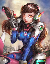 Rule 34 | 1girl, absurdres, armor, between legs, bodysuit, boots, bracer, breasts, breasts apart, brown eyes, brown hair, candy, cloud, cloudy sky, cowboy shot, d.va (overwatch), dated, debris, eyelashes, facepaint, facial mark, finger on trigger, food, gloves, gun, hand between legs, handgun, headphones, highres, holding, holding gun, holding weapon, jay b lee, lips, lipstick, lollipop, long hair, long sleeves, makeup, mecha, medium breasts, meka (overwatch), overwatch, overwatch 1, parted lips, pauldrons, pilot suit, pink lips, revision, ribbed bodysuit, robot, shoulder armor, shoulder pads, signature, sitting, skin tight, sky, solo, thigh boots, thigh strap, thighhighs, turtleneck, upper body, weapon, whisker markings, white gloves