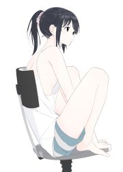 Rule 34 | 1girl, aspara, bare shoulders, barefoot, black hair, blue eyes, chair, closed mouth, expressionless, feet on chair, feet up, female focus, from side, hair ornament, hair scrunchie, highres, looking to the side, original, ponytail, scrunchie, short hair, shorts, sidelocks, simple background, sitting, sleeveless, solo, tank top, white background