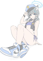 Rule 34 | 1girl, absurdres, air jordan, air jordan 1, animal ear fluff, animal ears, bare arms, bare legs, bikini, blue archive, blue bikini, blue halo, breasts, bright pupils, commentary, cosplay, flat color, from side, full body, grey hair, halo, hat, highres, looking at viewer, looking back, masabodo, medium breasts, medium hair, mismatched pupils, nike (company), revision, shiroko (blue archive), side-tie bikini bottom, simple background, smile, solo, swimsuit, symbol-only commentary, valkyrie police academy student (blue archive), valkyrie police academy student (blue archive) (cosplay), white background, wolf ears