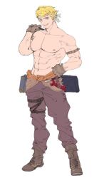 Rule 34 | 1boy, abs, alternate costume, armlet, bara, blonde hair, brown gloves, brown pants, flat color, full body, gloves, granblue fantasy, headband, huan shi tian tong, large pectorals, leather, looking at viewer, male focus, muscular, muscular male, navel, nipples, pants, pectorals, short hair, sideburns, smile, solo, stomach, topless male, vane (granblue fantasy), wrench