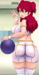 Rule 34 | 1girl, absurdres, ass, bad haro, bare shoulders, blush, breasts, covered erect nipples, earrings, freckles, from behind, gundam, gundam 00, highres, jewelry, large breasts, long hair, looking at viewer, nena trinity, open mouth, otohukebonne, parted lips, red hair, shiny clothes, shiny skin, shorts, sideboob, smile, solo, standing, thighhighs, two side up, v, white thighhighs, yellow eyes
