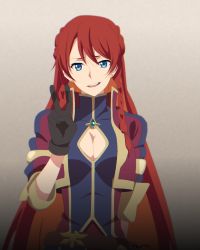 Rule 34 | 10s, 1girl, black gloves, blue eyes, braid, breasts, cape, cleavage, cleavage cutout, clothing cutout, derivative work, earrings, female focus, gloves, highres, jewelry, long hair, looking at viewer, medium breasts, nurk, open mouth, re:creators, red hair, selesia upitiria, smile, solo, standing, twin braids, upper body, v, very long hair