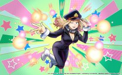 Rule 34 | 1girl, blonde hair, bodysuit, boku no hero academia, boots, breasts, cleavage, copyright name, full body, hat, high heel boots, high heels, large breasts, lips, navel, nipples, official art, one eye closed, open clothes, shiny skin, simple background, smile, solo, utsushimi kemii, v, wide hips, wink
