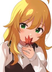 1girl ahoge autumn_leaves black_ribbon blonde_hair blush commentary_request covering_own_mouth green_eyes hair_between_eyes head_tilt heart heart_necklace highres holding holding_leaf hoshii_miki idolmaster idolmaster_(classic) idolmaster_million_live! idolmaster_million_live!_theater_days inuyama_nanami jewelry leaf long_hair looking_at_viewer necklace ribbon simple_background solo white_background