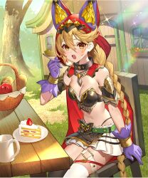 Rule 34 | 1girl, animal ear hood, animal hood, apple, armlet, artist request, asymmetrical legwear, basket, belt, belt bow, black bow, black choker, black thighhighs, blonde hair, blush, bow, braid, bread, breasts, cake, cake slice, cape, chair, choker, cleavage, cup, curvy, dessert, detached collar, door, eating, evertale, facial mark, fake animal ears, flower, food, forest, fork, fruit, gloves, gold bracelet, grass, green belt, hair between eyes, holding, holding fork, hood, hooded cape, horns, house, lens flare, light particles, light rays, loaf of bread, long hair, looking at viewer, medium breasts, miniskirt, mug, nature, navel, official alternate costume, official art, open mouth, outdoors, pink flower, plant, planter, plate, pleated skirt, potted plant, purple gloves, red apple, red belt, red horns, revealing clothes, shanna (evertale), sitting, skirt, solo, sparkle, strawberry, strawberry shortcake, studded belt, sunbeam, sunlight, table, teeth, thigh belt, thigh strap, thighhighs, thong, tongue, tree, upper teeth only, very long hair, whipped cream, whisker markings, white belt, white skirt, white thighhighs, window, wooden chair, wooden table, yellow eyes, yellow flower