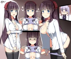 Rule 34 | &gt; &lt;, 2girls, :&lt;, black legwear, blue eyes, blunt bangs, blush, breasts, buttoned cuffs, buttons, cleavage, closed mouth, collarbone, comic, commentary request, covered erect nipples, dated, drooling, embarrassed, facing viewer, formal, frown, hair ribbon, hand on own arm, highres, holding, holding panties, holding underwear, leaning forward, long hair, long sleeves, looking at viewer, medium breasts, mole, mole on breast, motion lines, multiple girls, naked shirt, new game!, no bra, nose blush, open clothes, open mouth, open shirt, panties, panty pull, ponytail, presenting removed panties, purple eyes, purple hair, purple panties, raised eyebrows, red ribbon, ribbon, round teeth, ryle, saliva, shiny skin, shirt, sidelocks, signature, silent comic, smile, stained panties, suit, suzukaze aoba, takimoto hifumi, tareme, teardrop, tearing up, teeth, television, thighhighs, thumbs up, trembling, twintails, unbuttoned, unbuttoned shirt, underwear, undressing, unworn panties, upper body, very long hair, wavy mouth, white shirt