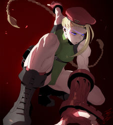 Rule 34 | 1girl, beret, blonde hair, blue eyes, boots, braid, breasts, cammy white, chest harness, dynamic pose, fingerless gloves, from below, full body, garrison cap, gloves, green leotard, harness, hat, highleg, highleg leotard, highres, holster, kobayashi gen, leotard, long hair, scar, shoes, simple background, solo, spread legs, squatting, street fighter, thigh holster, thighs, thong leotard, twin braids