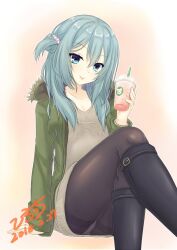 Rule 34 | 1girl, 2018, :p, alternate costume, aqua eyes, aqua hair, arm support, beads, black footwear, black pantyhose, boots, breasts, cameltoe, casual, cleavage, closed mouth, collarbone, commentary, crossed bangs, crossed legs, cup, dated, double-parted bangs, drinking straw, eyelashes, feet out of frame, fur-trimmed jacket, fur trim, green jacket, grey shirt, hair beads, hair between eyes, hair ornament, hair over breasts, hand up, head tilt, highres, hirocchi, holding, holding cup, hood, hood down, hooded jacket, jacket, large breasts, light blush, long hair, long sleeves, looking at viewer, one side up, panties, panties under pantyhose, pantyhose, pink background, riddle joker, shikibe mayu, shirt, sidelocks, signature, simple background, sitting, smile, solo, thighband pantyhose, thighs, tongue, tongue out, two-tone background, underwear, white background