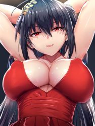 Rule 34 | 1girl, ahoge, armpits, arms behind head, azur lane, bare shoulders, black hair, blush, breasts, choker, cleavage, collarbone, covered erect nipples, dress, gradient background, hair between eyes, hair ornament, highres, huge breasts, large breasts, long hair, looking at viewer, official alternate costume, open mouth, red dress, red eyes, shin&#039;yashiki, sidelocks, simple background, smile, solo, sweat, taihou (azur lane), taihou (forbidden feast) (azur lane), upper body, very long hair