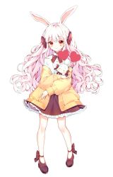 Rule 34 | 1girl, animal, animal ears, bad id, bad twitter id, blush, bow, brown bow, brown skirt, choker, closed mouth, collared shirt, curly hair, full body, ha youn, high heels, highres, holding, holding animal, holding rabbit, long hair, looking at viewer, original, rabbit, rabbit ears, red eyes, shirt, skirt, smile, solo, sweater, white hair, white shirt