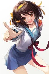 Rule 34 | 1girl, blue skirt, brown eyes, brown hair, collarbone, commentary request, goomrrat, hairband, highres, kita high school uniform, leaning forward, medium hair, open mouth, pointing, pointing at viewer, red ribbon, ribbon, school uniform, serafuku, shirt, simple background, skirt, smile, solo, suzumiya haruhi, suzumiya haruhi no yuuutsu, teeth, upper teeth only, white background, white shirt, yellow hairband