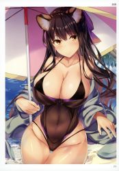 Rule 34 | 1girl, absurdres, animal ears, artist name, artist request, bare shoulders, breasts, brown eyes, brown hair, cat ears, cleavage, closed mouth, collarbone, highres, large breasts, looking at viewer, one-piece swimsuit, page number, scan, smile, solo, swimsuit, tiger ears, toranoana, umbrella