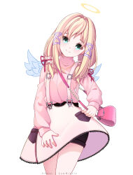 Rule 34 | 1girl, aqua eyes, bag, black shorts, blonde hair, blue wings, closed mouth, commentary, copyright request, english commentary, feathered wings, halo, handbag, head tilt, highres, indie virtual youtuber, lawnielle, long hair, long sleeves, looking at viewer, mini wings, pink shirt, puffy long sleeves, puffy sleeves, shirt, short shorts, shorts, shoulder bag, sidelocks, simple background, skirt, sleeves past wrists, smile, solo, virtual youtuber, white background, white skirt, wings