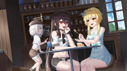 3girls :d absurdres black_hat black_shorts blonde_hair blue_skirt brown_eyes brown_hair brown_hat brown_shorts chinese_commentary clothing_cutout commentary_request crop_top genshin_impact hat highres hu_tao_(genshin_impact) indoors lumine_(genshin_impact) medium_hair midriff miniskirt multiple_girls navel off-shoulder_shirt off_shoulder open_mouth paimon_(genshin_impact) pleated_skirt red_eyes shirt short_shorts short_sleeves shorts shoulder_cutout skirt skym_(kumei) smile stomach table white_hair white_shirt window