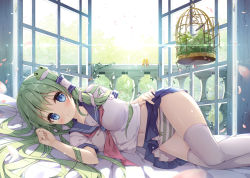 Rule 34 | 1girl, alternate costume, animal, backlighting, balcony, bed, bed sheet, between breasts, bird, birdcage, blue eyes, blue skirt, blurry, blush, bow, bow panties, breasts, cage, closed mouth, clothes lift, day, embarrassed, frog hair ornament, frown, green bow, green hair, hair ornament, hair tubes, indoors, kochiya sanae, lifted by self, light rays, long hair, looking at viewer, lying, medium breasts, miniskirt, miyase mahiro, motion blur, navel, neckerchief, on bed, on side, open window, panties, pantyshot, petals, petticoat, plant, pleated skirt, raised eyebrows, red neckerchief, school uniform, serafuku, shiny skin, skirt, skirt lift, snake hair ornament, solo, stomach, striped clothes, striped panties, sunbeam, sunlight, tareme, thighhighs, thighs, touhou, underwear, upskirt, vines, white thighhighs, window