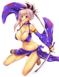 Rule 34 | 1girl, :d, arm behind head, arm up, armpits, asymmetrical hair, autumn leaves, bare shoulders, bikini, blue bikini, blue bow, blush, bow, breasts, choker, cleavage, collarbone, covered erect nipples, detached sleeves, dual wielding, earrings, fate/grand order, fate (series), feet, folded ponytail, full body, grin, groin, hair ornament, halterneck, high heels, highres, hip focus, holding, holding sword, holding weapon, index finger raised, jewelry, katana, kneeling, lace, lace-trimmed sleeves, lace trim, large breasts, leaf, leaf earrings, leaf print, light purple hair, long hair, long legs, long sleeves, looking at viewer, miyamoto musashi (fate), miyamoto musashi (third ascension) (fate), nail polish, navel, open mouth, pink nails, ponytail, purple eyes, ribbon trim, sandals, sarong, short hair with long locks, sidelocks, silver hair, simple background, smile, solo, stomach, swimsuit, sword, takecha, toenail polish, toenails, weapon, white background, wide sleeves