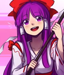 Rule 34 | 1girl, :d, blunt bangs, bow, commentary, english commentary, eyes visible through hair, gohei, hair bow, hair tubes, hakurei reimu, hakurei reimu (pc-98), japanese clothes, long hair, long sleeves, looking at viewer, miko, open mouth, purple eyes, purple hair, red bow, ribbon-trimmed sleeves, ribbon trim, sidelocks, smile, solo, speckticuls, teeth, touhou, touhou (pc-98), upper body, upper teeth only, wide sleeves