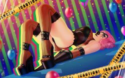 Rule 34 | 1girl, ace attorney, artist name, ass, black footwear, black gloves, black panties, breasts, caution tape, clown, clown nose, dated, detached sleeves, elbow gloves, geiru toneido, gloves, high heels, knees up, large breasts, medium hair, multicolored hair, nail polish, orange panties, orange sleeves, orange theme, panties, pink hair, signature, smile, solo, striped background, striped sleeves, themaestronoob, toenail polish, toenails, two-tone hair, underwear