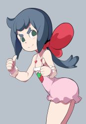 Rule 34 | 1girl, ass, blue hair, bow, constanze amalie von braunschbank-albrechtsberger, cowboy shot, dress, flat chest, food, from side, fruit, green eyes, grey background, hair bow, heart, highres, leaning forward, little witch academia, long hair, looking at viewer, pink dress, popopo, red bow, simple background, sleeveless, sleeveless dress, smile, solo, strawberry, thick eyebrows, thighs, thumbs up
