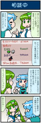 Rule 34 | 2girls, 4koma, artist self-insert, blue eyes, blue hair, closed eyes, comic, commentary request, detached sleeves, frog hair ornament, gradient background, green eyes, green hair, hair ornament, hair tubes, hand on own chin, heterochromia, highres, index finger raised, juliet sleeves, karakasa obake, kochiya sanae, long hair, long sleeves, mizuki hitoshi, multiple girls, nontraditional miko, one-eyed, open mouth, puffy sleeves, red eyes, short hair, smile, snake hair ornament, sweatdrop, tatara kogasa, tongue, tongue out, touhou, translation request, umbrella, vest, wide sleeves