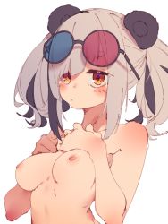Rule 34 | 1girl, animal ears, arknights, black hair, blush, breasts, commentary, eyewear on head, feater (arknights), grey hair, hands on own chest, highres, long hair, looking at viewer, medium breasts, multicolored hair, nipples, nude, panda ears, rasusurasu, sidelocks, simple background, solo, sunglasses, symbol-only commentary, thick eyebrows, tinted eyewear, two-tone hair, upper body, white background, yellow eyes