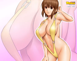 Rule 34 | 1girl, action pizazz, breasts, brown eyes, brown hair, large breasts, official art, official wallpaper, saigado, short hair, slingshot swimsuit, solo, swimsuit, wallpaper, zoom layer