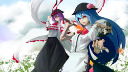 Rule 34 | 2girls, ascot, black hat, black skirt, blouse, blue hair, bow, capelet, cloud, cloudy sky, commentary request, day, flower, food, frills, fruit, grass, hagoromo, hand on headwear, hat, hat bow, highres, hinanawi tenshi, hiragana oufu, holding, holding sword, holding weapon, keystone, long hair, long sleeves, looking away, multiple girls, nagae iku, neck ribbon, one eye closed, orange eyes, peach, puffy long sleeves, puffy short sleeves, puffy sleeves, purple hair, red bow, red eyes, red ribbon, ribbon, rock, rope, shawl, shide, shimenawa, shirt, short hair, short sleeves, skirt, sky, smile, sword, sword of hisou, touhou, weapon, white shirt
