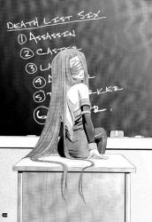 Rule 34 | 00s, back, blindfold, board eraser, chalkboard, desk, fate/stay night, fate (series), from behind, greyscale, long hair, looking back, medusa (fate), medusa (rider) (fate), monochrome, sitting, solo, thighhighs, very long hair