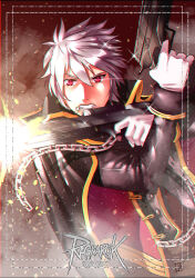 Rule 34 | 1boy, absurdres, black coat, chain, coat, commentary, copyright name, dual wielding, english commentary, glint, gloves, gun, hair between eyes, hamatsu, handgun, highres, holding, holding gun, holding weapon, long sleeves, looking at viewer, male focus, ragnarok online, rebellion (ragnarok online), red eyes, rifle, scope, short hair, solo, upper body, v-shaped eyebrows, weapon, white gloves, white hair