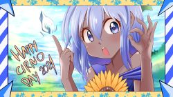 Rule 34 | 1girl, 2021, :o, absurdres, blue eyes, blue hair, cirno, cirno day, commentary, dark-skinned female, dark skin, dr. addamelech, english commentary, flower, highres, ice, index finger raised, looking at viewer, ok sign, short hair, solo, sunflower, tanned cirno, touhou, upper body