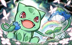 akamine_naoki berry_(pokemon) bug bulbasaur butterfly claws creatures_(company) eating flower game_freak gen_1_pokemon gen_3_pokemon grass holding insect nintendo open_mouth oran_berry plant pokemon pokemon_(creature) red_eyes sitting tree wailmer water watering_can