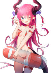 Rule 34 | 1girl, ;d, bad id, bad pixiv id, bare shoulders, bikini, black nails, blue eyes, blush, bow, breasts, choker, collarbone, commentary, criss-cross halter, curled horns, dragon girl, dragon horns, dragon tail, earrings, elizabeth bathory (fate), elizabeth bathory (fate/extra ccc), fang, fate/extra, fate/extra ccc, fate (series), fingernails, gluteal fold, hair between eyes, hair ribbon, halterneck, hand up, highleg, highleg bikini, horns, innertube, jewelry, long hair, nail polish, navel, one eye closed, open mouth, pink hair, pointy ears, purple ribbon, red bikini, red bow, red choker, ribbon, simple background, skindentation, small breasts, smile, solo, swim ring, swimsuit, symbol-only commentary, tail, thigh strap, transparent, two side up, v, very long hair, w.k, white background