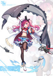 Rule 34 | 1girl, :d, ahoge, aircraft, armband, azur lane, bare shoulders, belt, blue skirt, boots, bow, bowtie, brown pantyhose, chain, coat, commentary request, crop top, crop top overhang, elbow gloves, gloves, hair ornament, hand up, highres, jacket, jacket on shoulders, latioss, leg up, long hair, long sleeves, looking at viewer, midriff, miniskirt, navel, open mouth, pantyhose, partially fingerless gloves, pink hair, purple eyes, retrofit (azur lane), saratoga (azur lane), shirt, skirt, sleeveless, sleeveless shirt, smile, solo, stomach, thigh strap, twintails, white coat, white gloves, white shirt, wing collar, zoom layer
