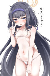 Rule 34 | 1girl, areola slip, bikini, black hair, blue archive, blue hairband, blush, breasts, hairband, halo, highres, long hair, looking at viewer, low twintails, machismo fuji, micro bikini, parted lips, purple eyes, simple background, small breasts, solo, sweat, swimsuit, translated, twintails, ui (blue archive), v, very long hair, white background, white bikini