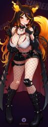 Rule 34 | 1girl, :q, absurdres, akuma nihmune, akuma nihmune (cosplay), animal ears, bare shoulders, belt, bikini, bikini under clothes, black choker, black coat, black footwear, black gloves, black hair, black nails, black skirt, blonde hair, bodysuit, boots, breasts, chain, choker, cleavage, clickdraws, closed mouth, coat, collar, cosplay, crop top, finger to mouth, fingerless gloves, fishnet bodysuit, fishnet pantyhose, fishnets, full body, fur trim, gloves, gradient hair, halterneck, hand up, highres, indie virtual youtuber, knee boots, knee pads, large breasts, long hair, long sleeves, looking at viewer, microskirt, midriff, multicolored hair, nail polish, navel, off shoulder, open clothes, open coat, orange eyes, pantyhose, red bikini, shirt, side-tie bikini bottom, side-tie peek, sinder (vtuber), single knee pad, skirt, sleeveless, sleeveless shirt, smile, solo, spaghetti strap, standing, stomach, streaked hair, string bikini, swimsuit, tail, thigh strap, thighs, tongue, tongue out, torn clothes, torn shirt, two-tone hair, unzipped, very long hair, virtual youtuber, white shirt, wolf ears, wolf girl, wolf tail, zipper